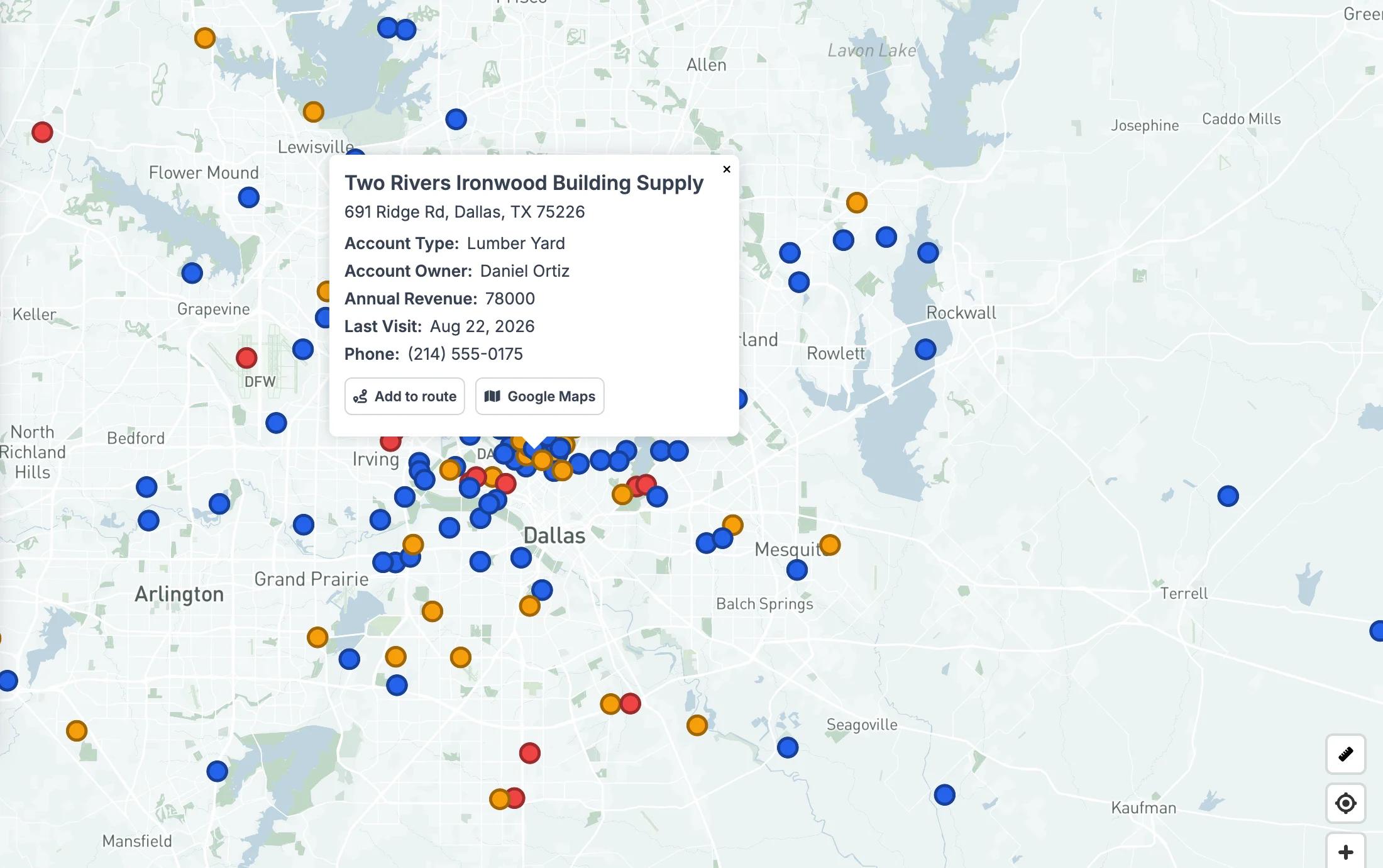 A GeoMaps record popup with account details, owner and last visit