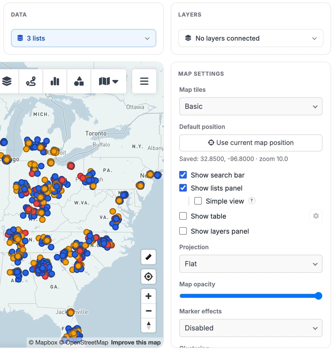 Shared map settings: lists, layers, search, table and visibility options
