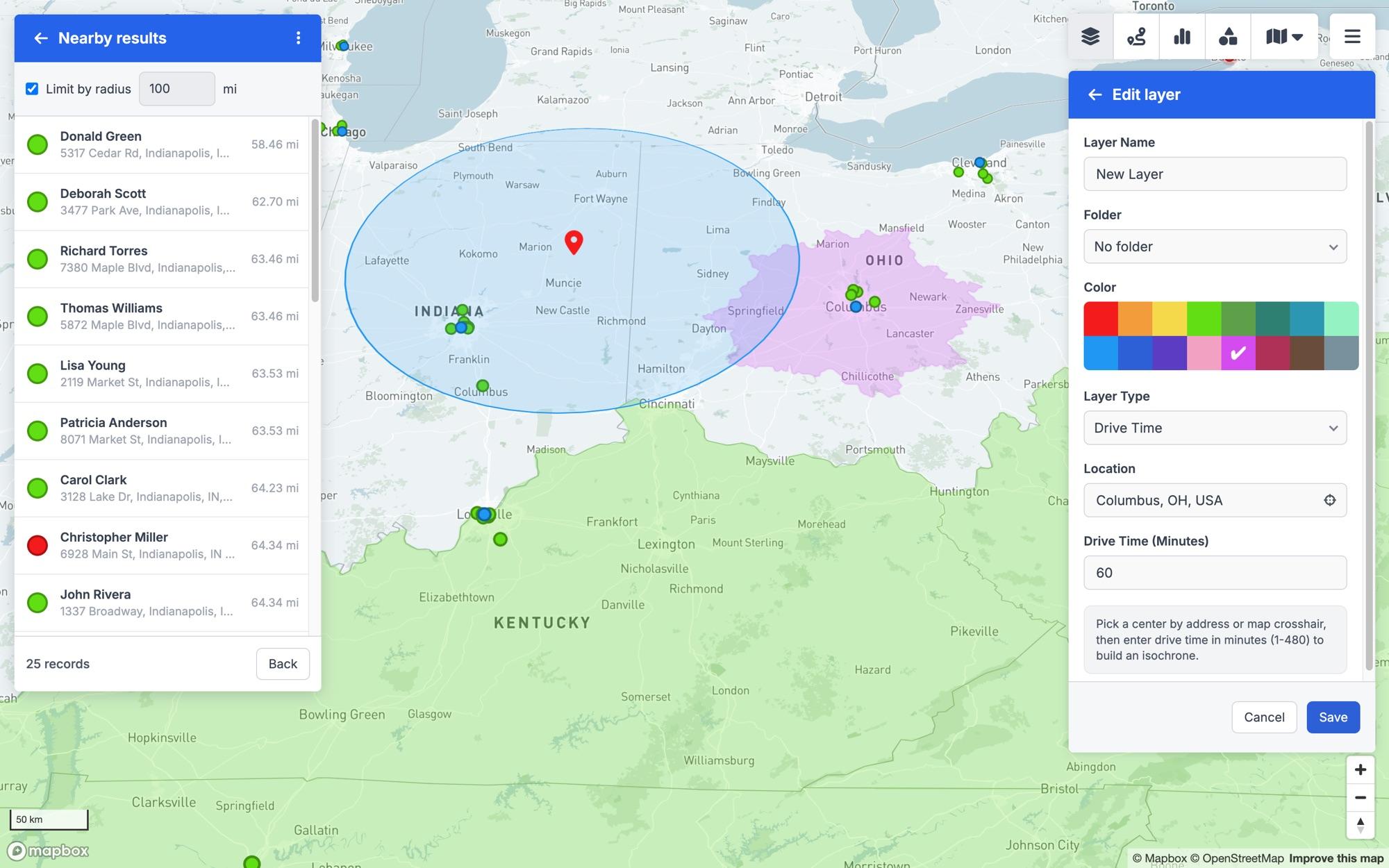 GeoMaps — nearby-customer search and a drive-time layer on the map