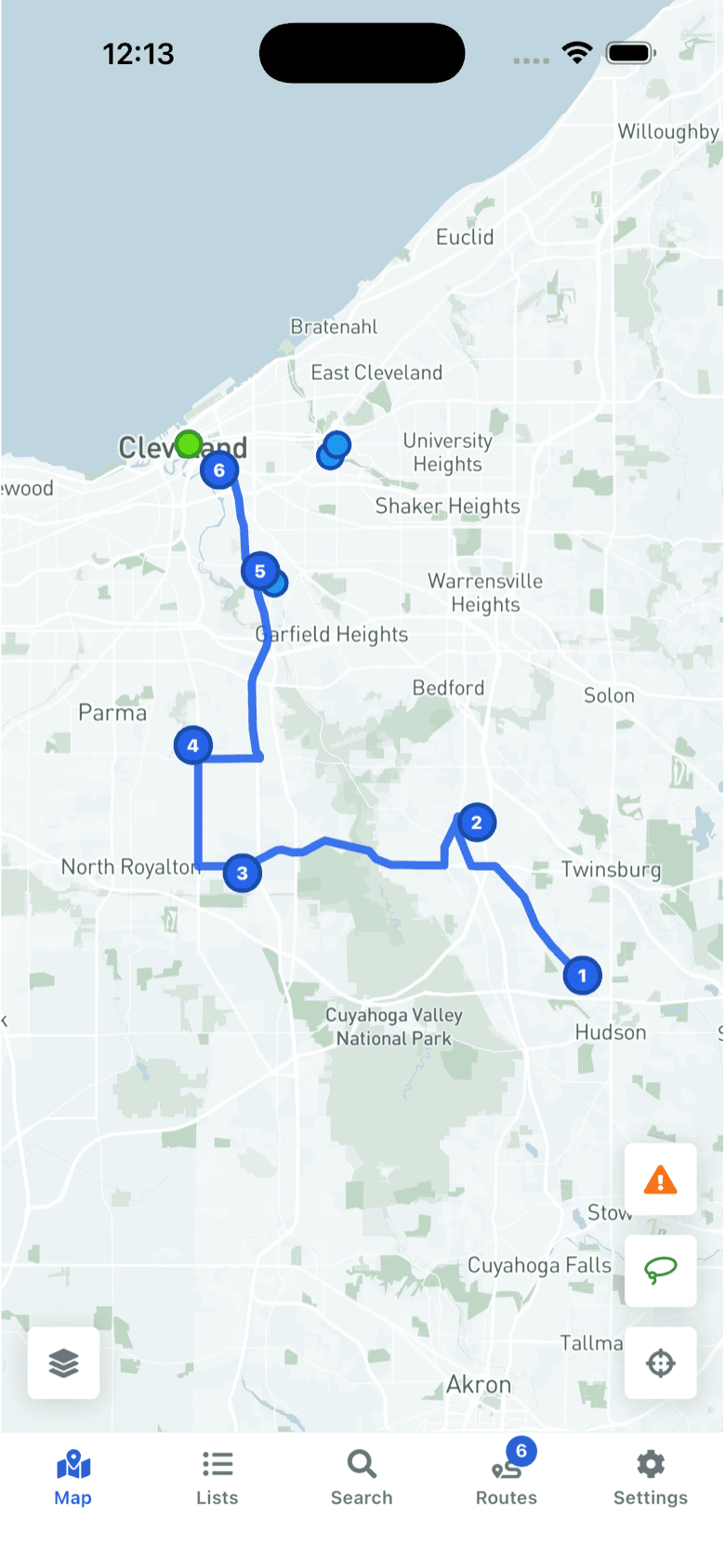 The GeoMaps mobile app showing an optimized route