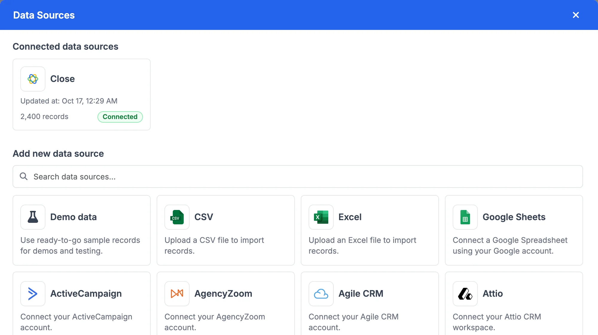 Data Sources with Close connected (2,400 records) and the CRM catalogue below