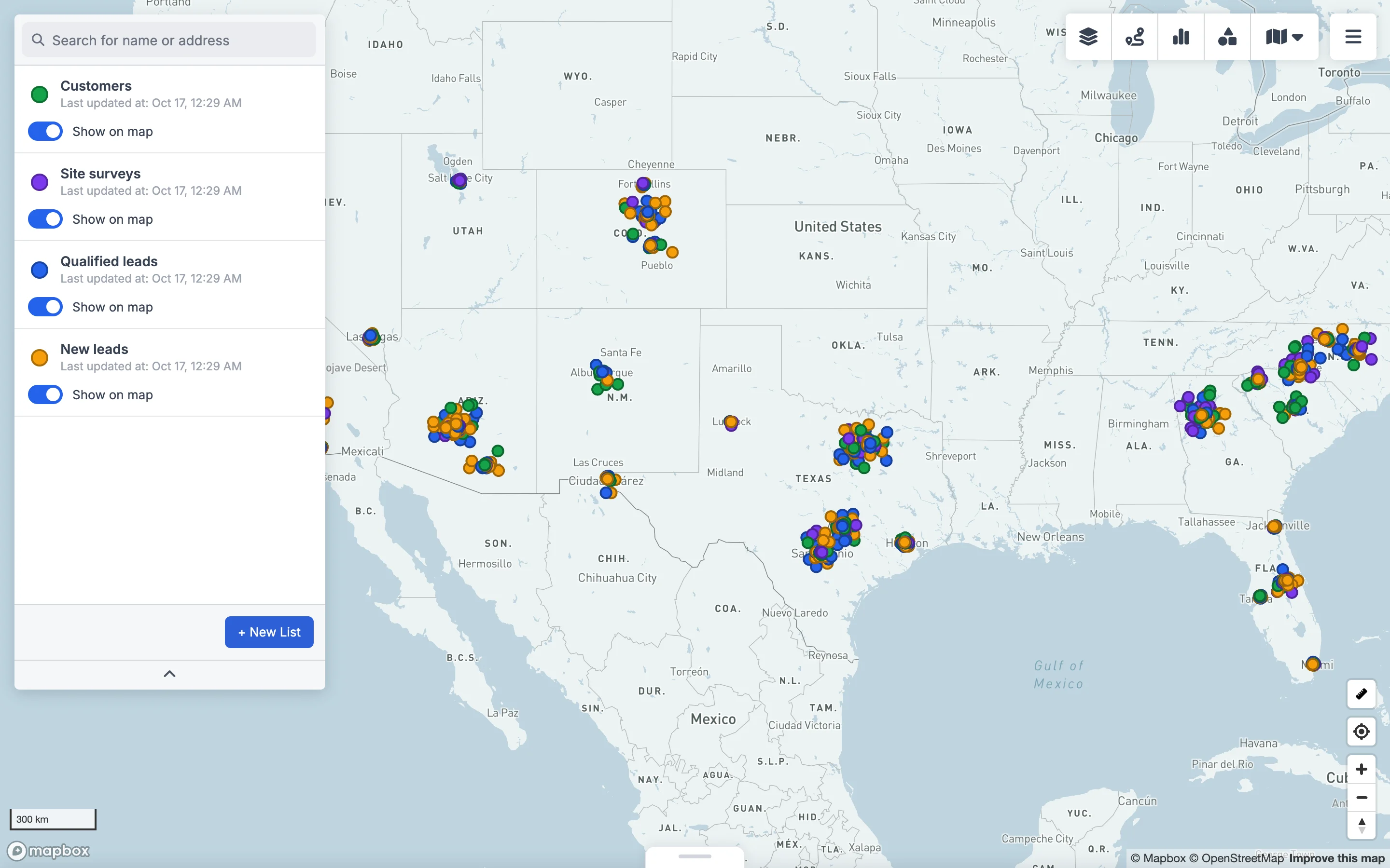 2,400 Close leads across the Sun Belt, colour-coded by pipeline stage