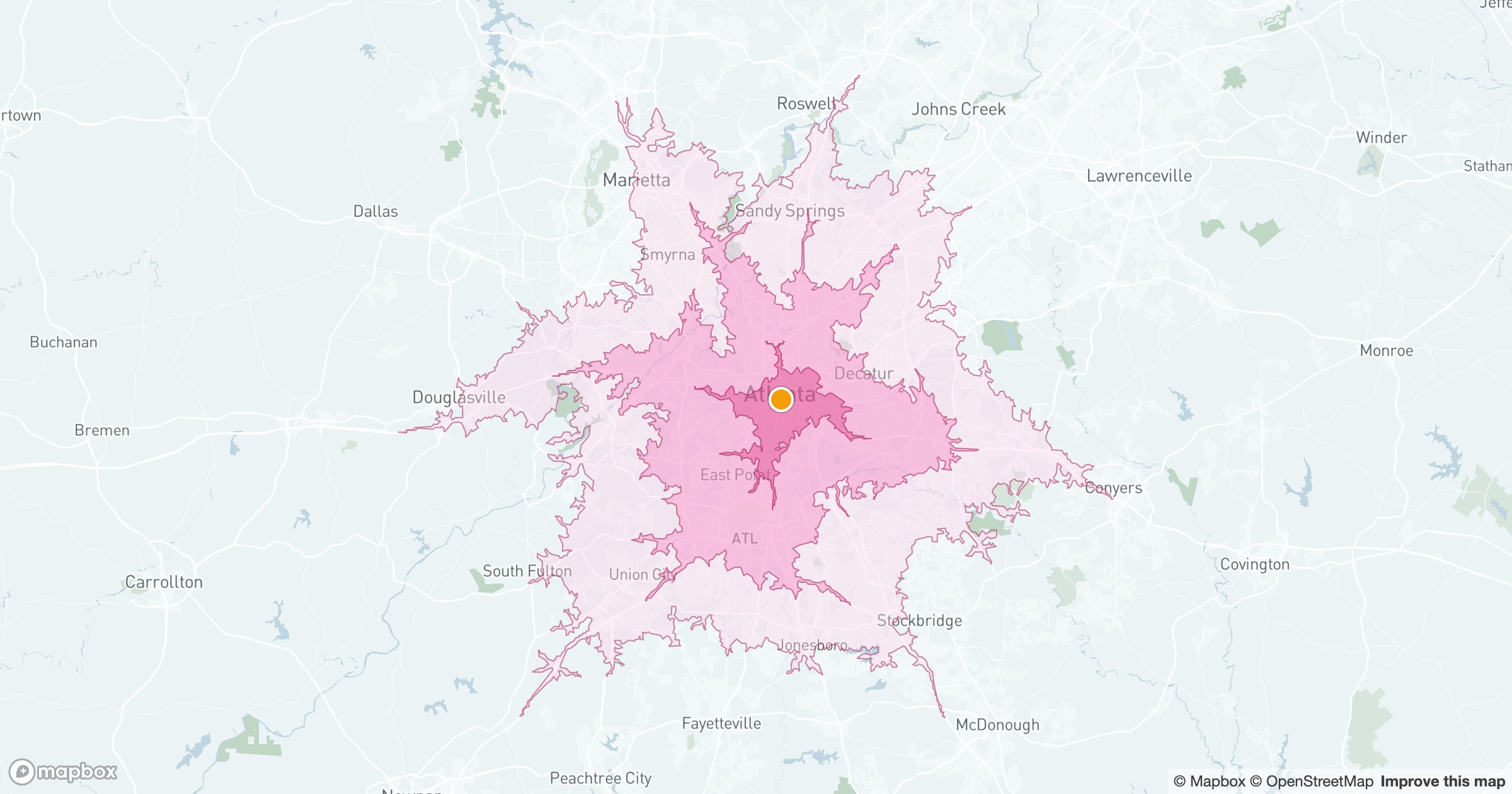 The same drive-time bands around a different city