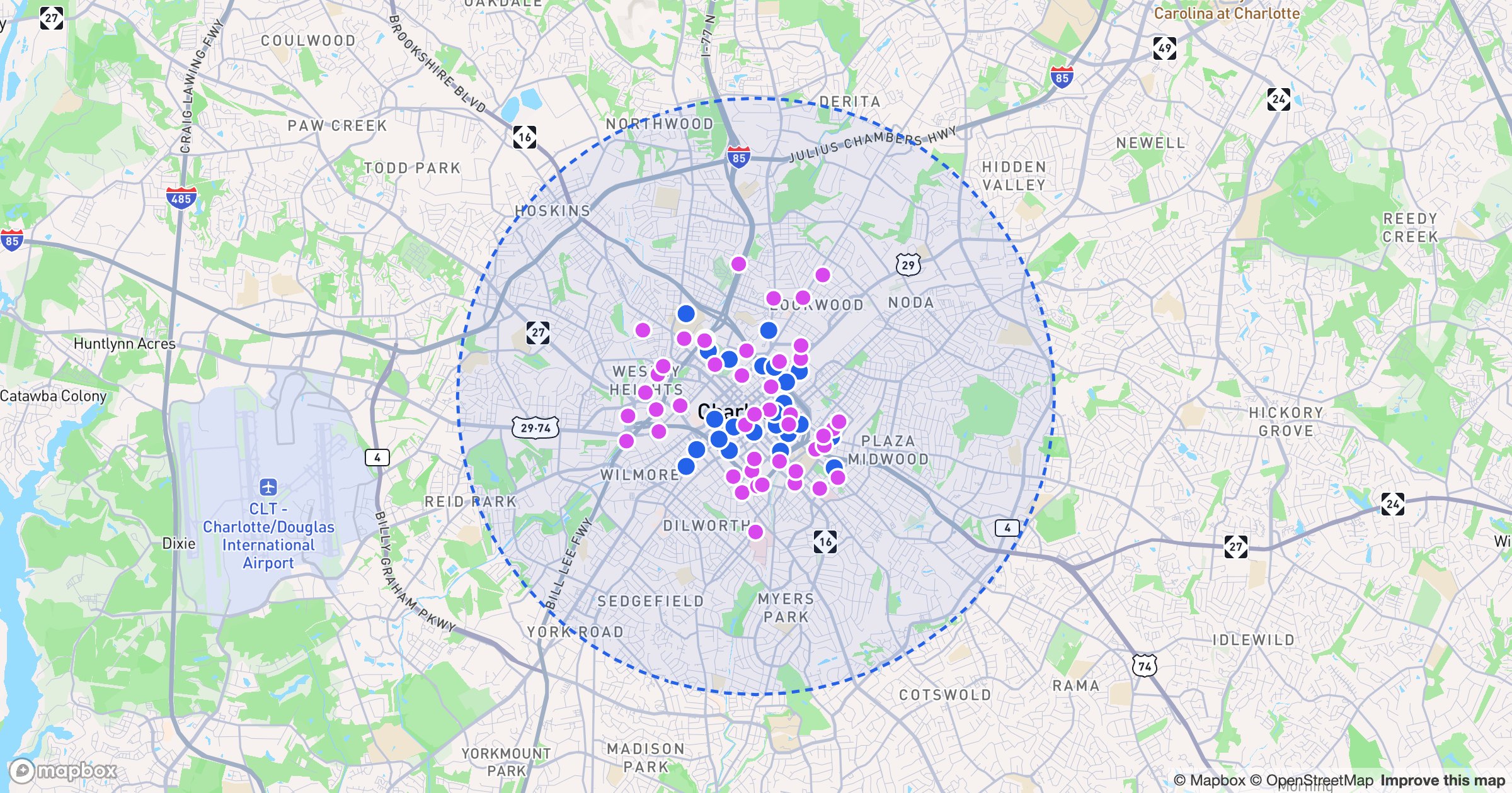 Customers and prospects within a radius of Charlotte
