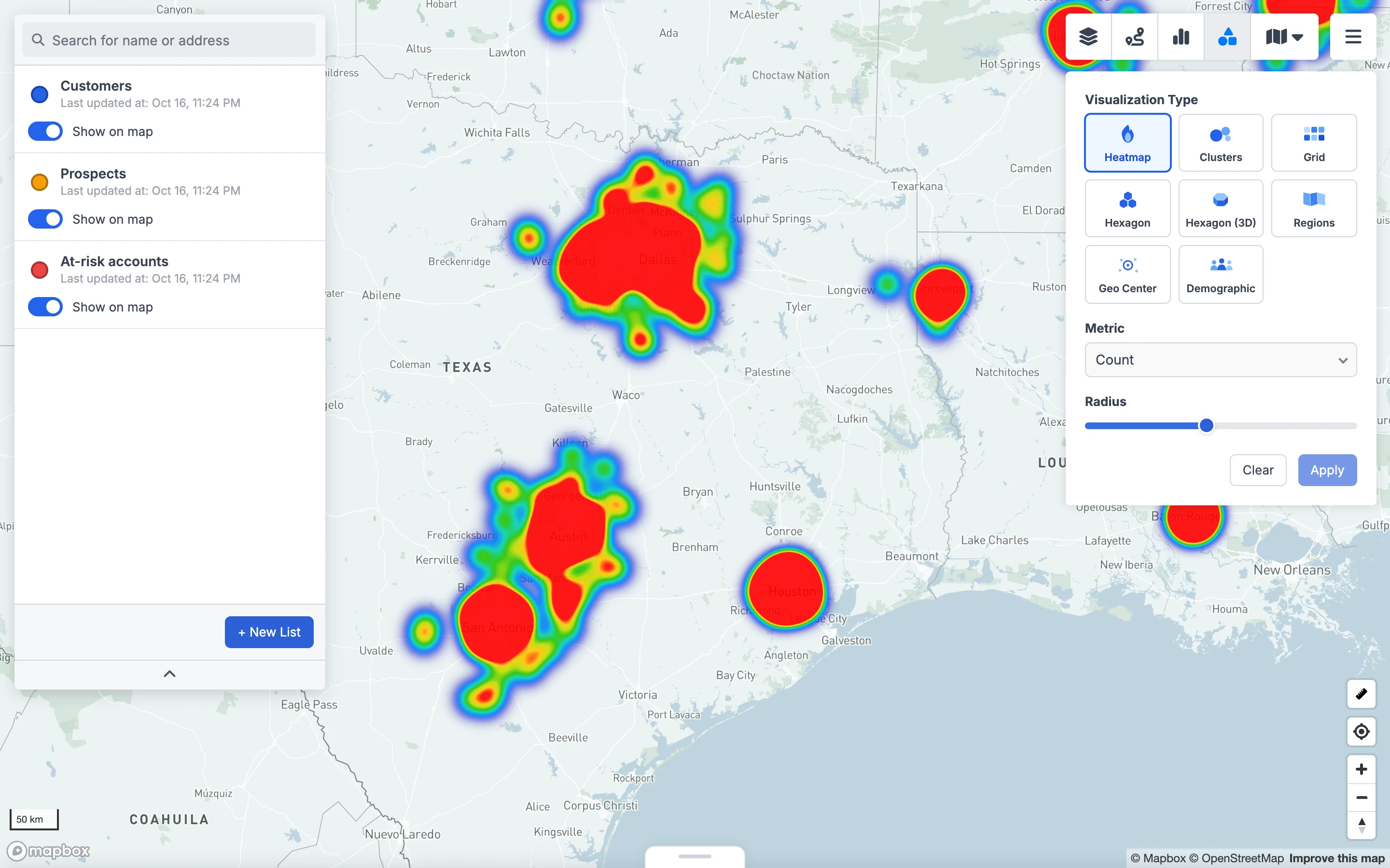 Heatmap of accounts across Texas, with the visualization options panel