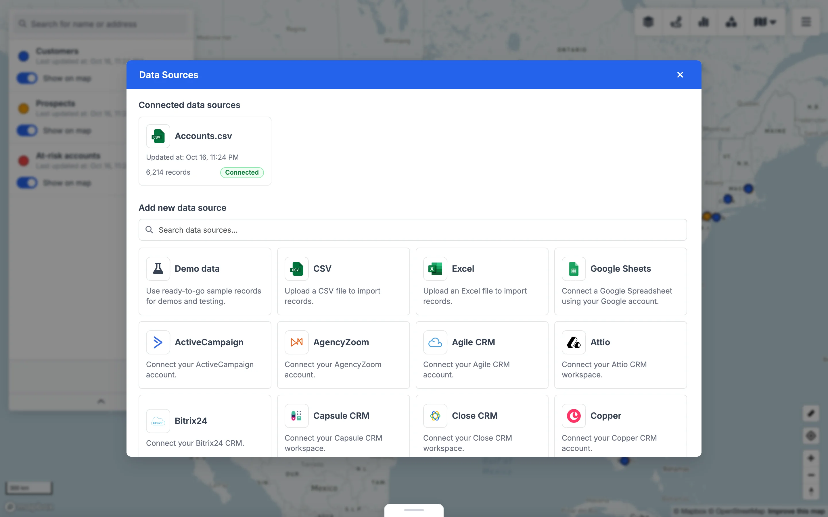 GeoMaps Data Sources: a spreadsheet plus live connectors for Google Sheets, Excel and 15 CRMs