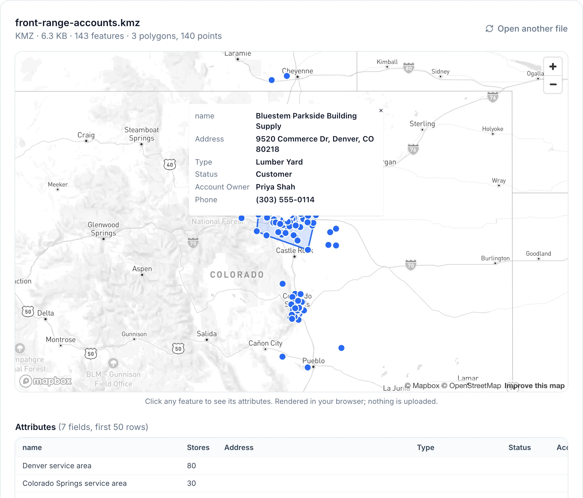 A KMZ file open in the online viewer: 140 placemarks and 3 service-area polygons, with a placemark's details open