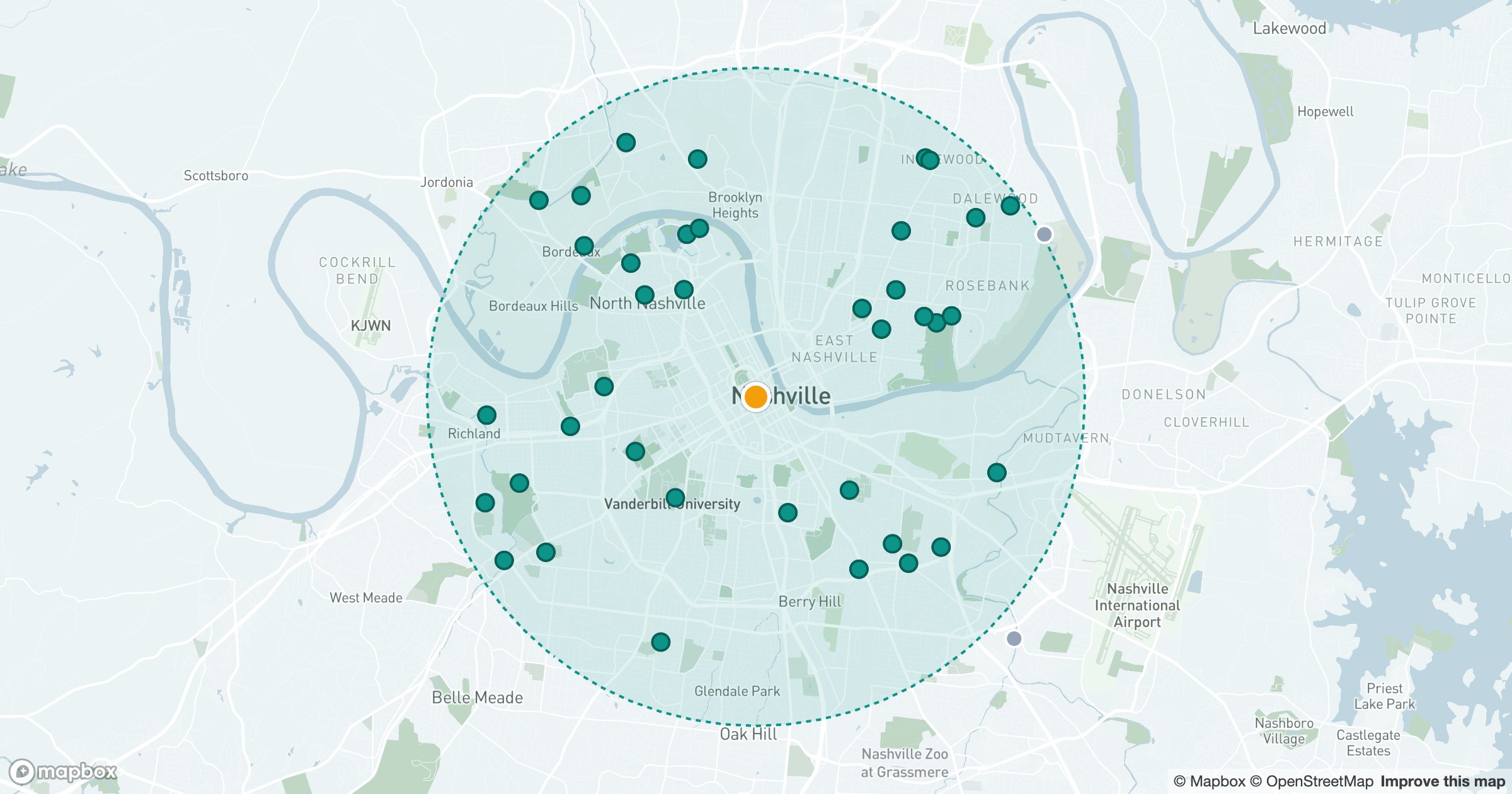The same radius search centered on a different city