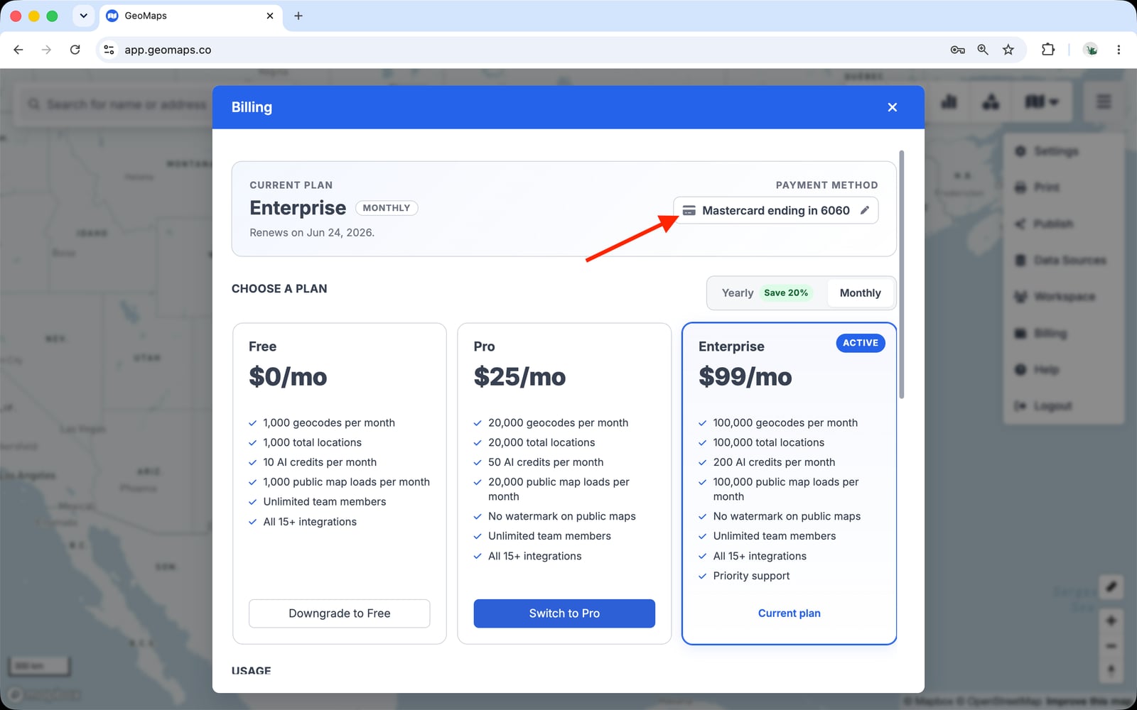 Your card on file, under Payment method