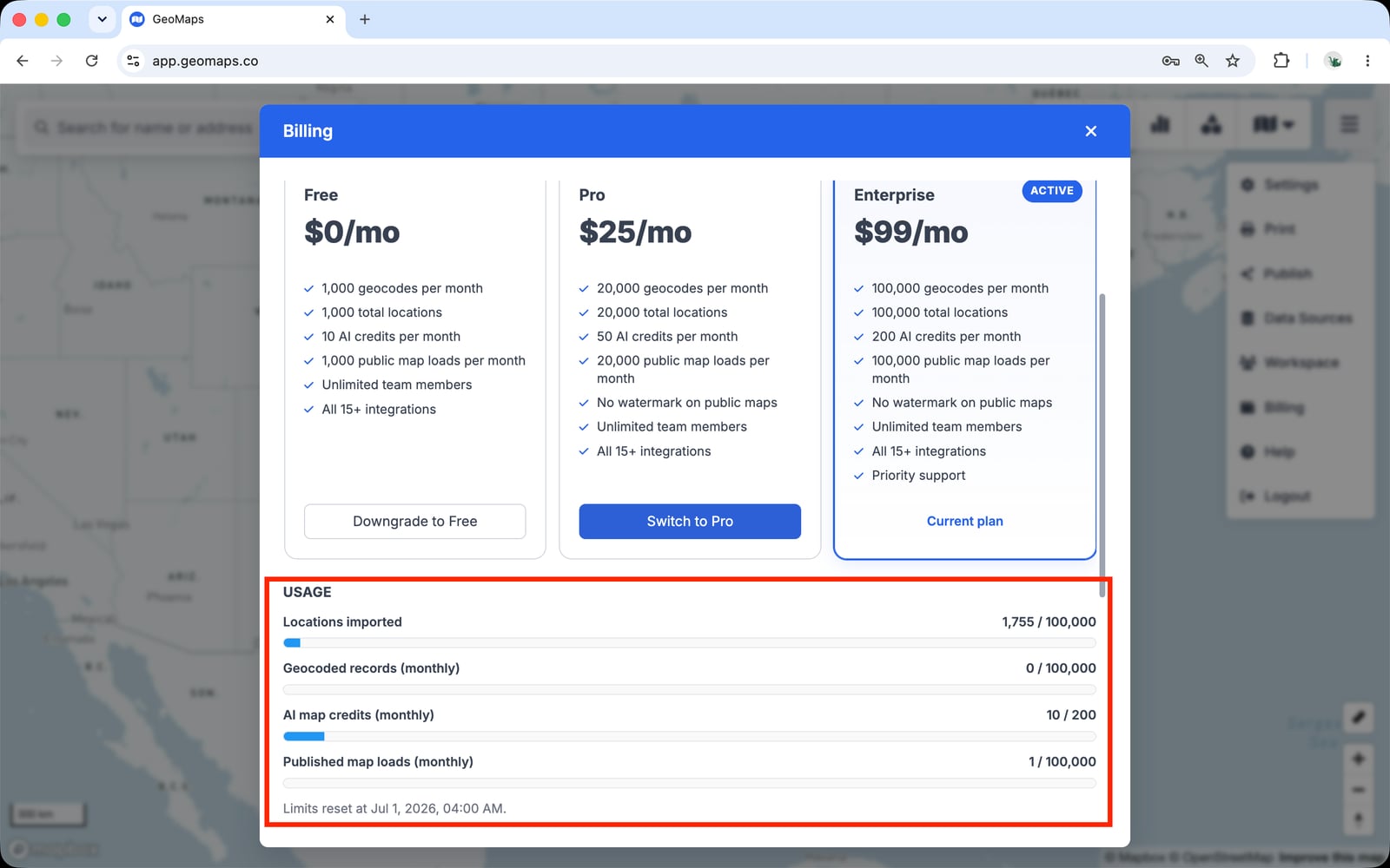 The usage meters and monthly reset date on the Billing page