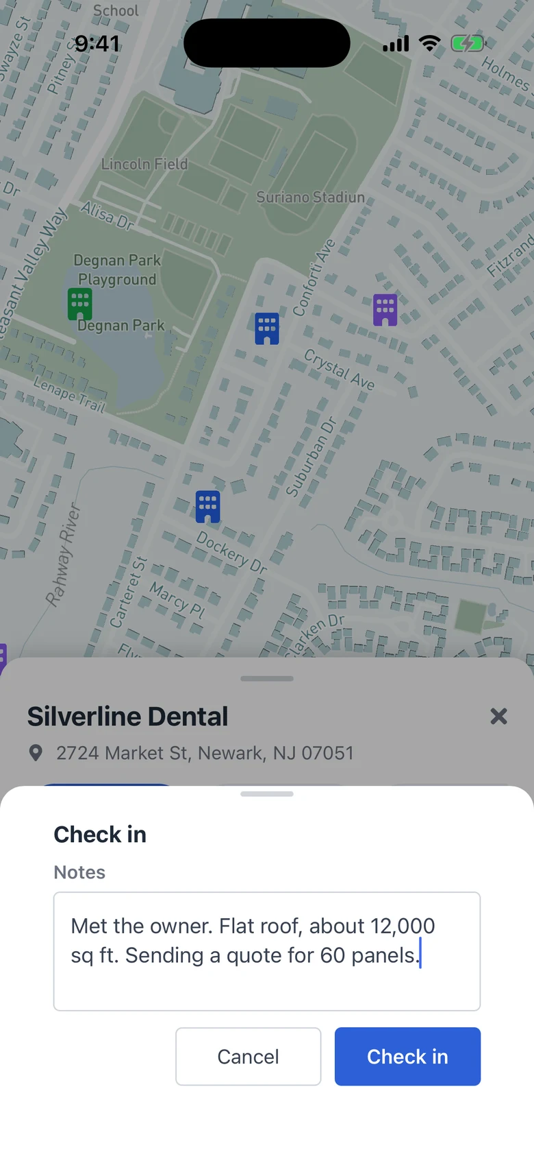 The Check-in notes box in the mobile app
