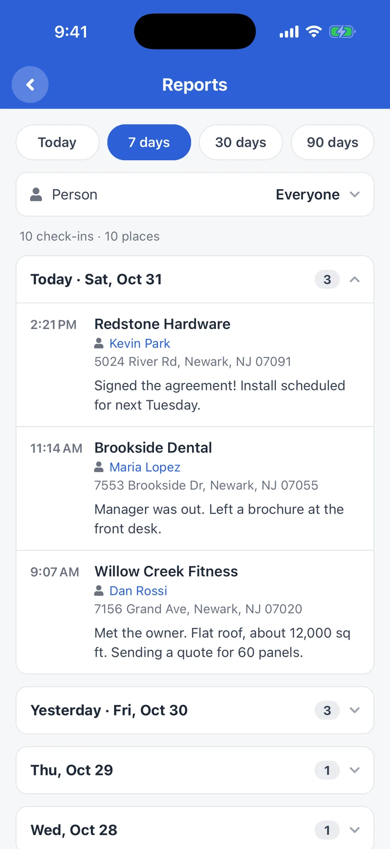 Reports in the mobile app