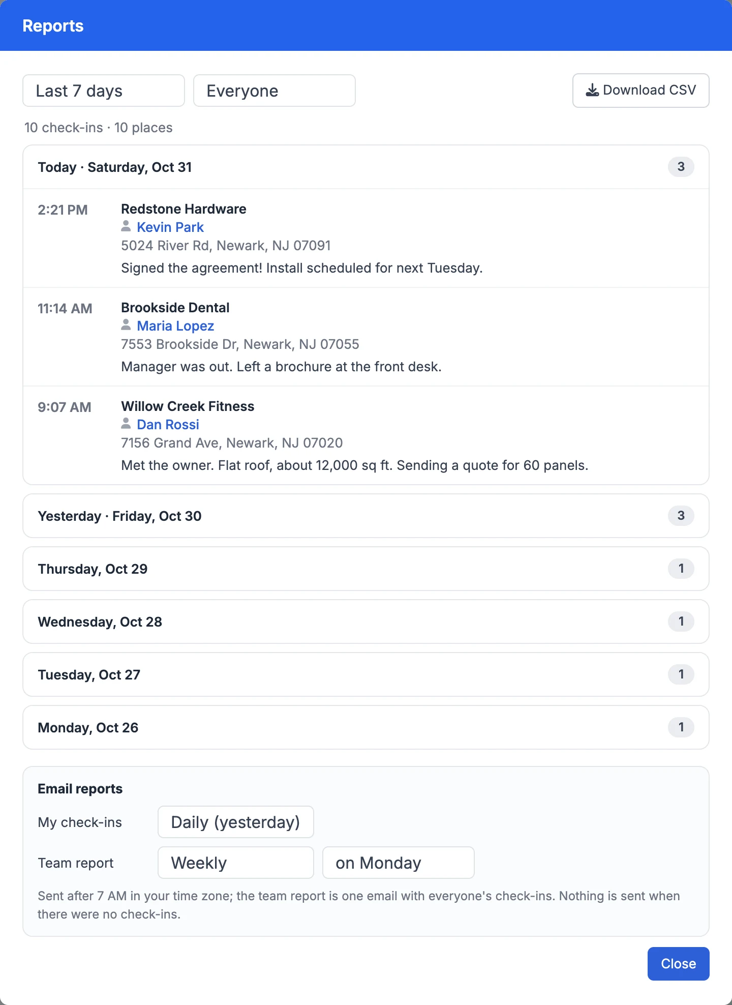 The full report on the web, opened from an email