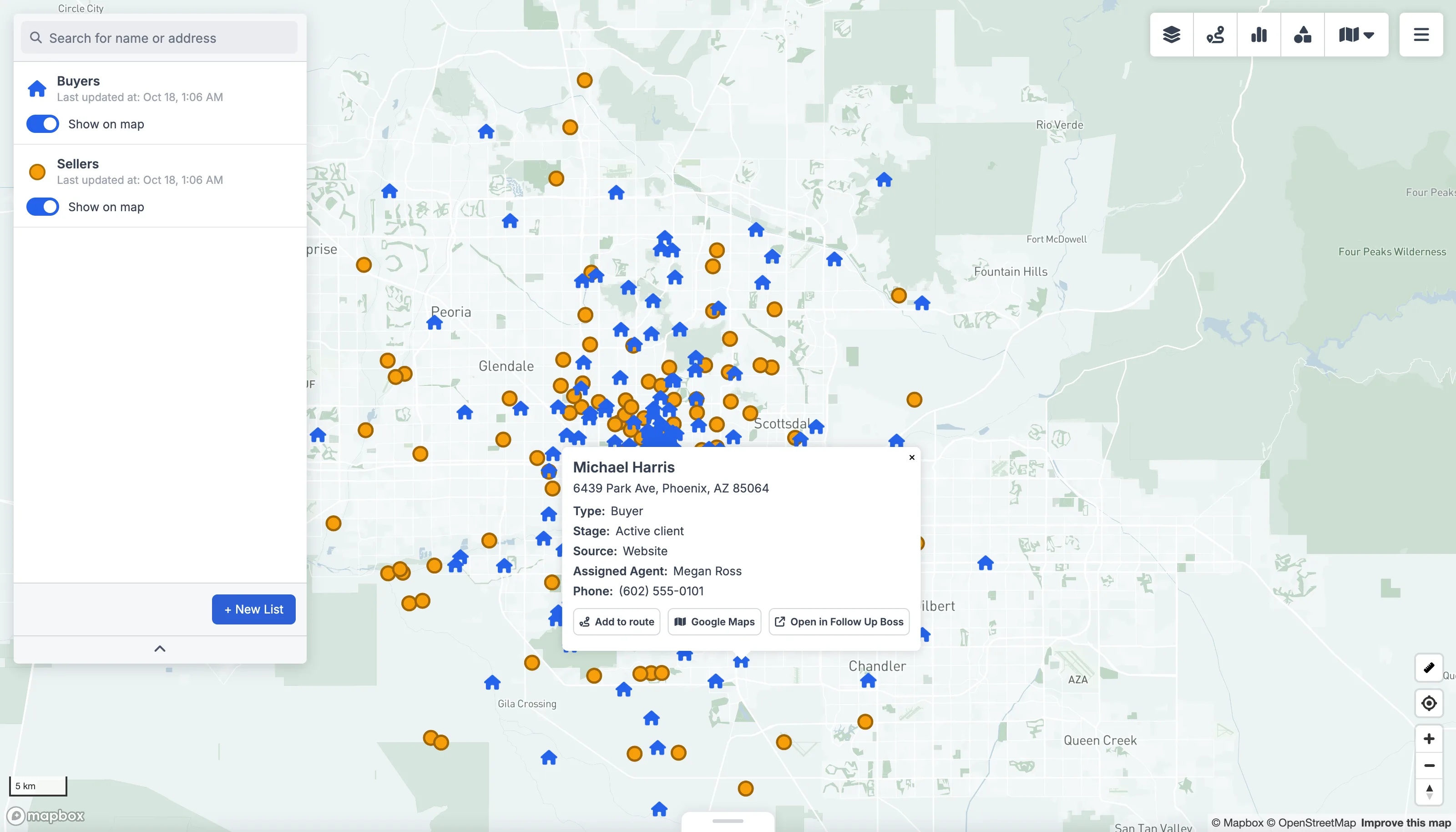 Follow Up Boss data plotted on a GeoMaps map