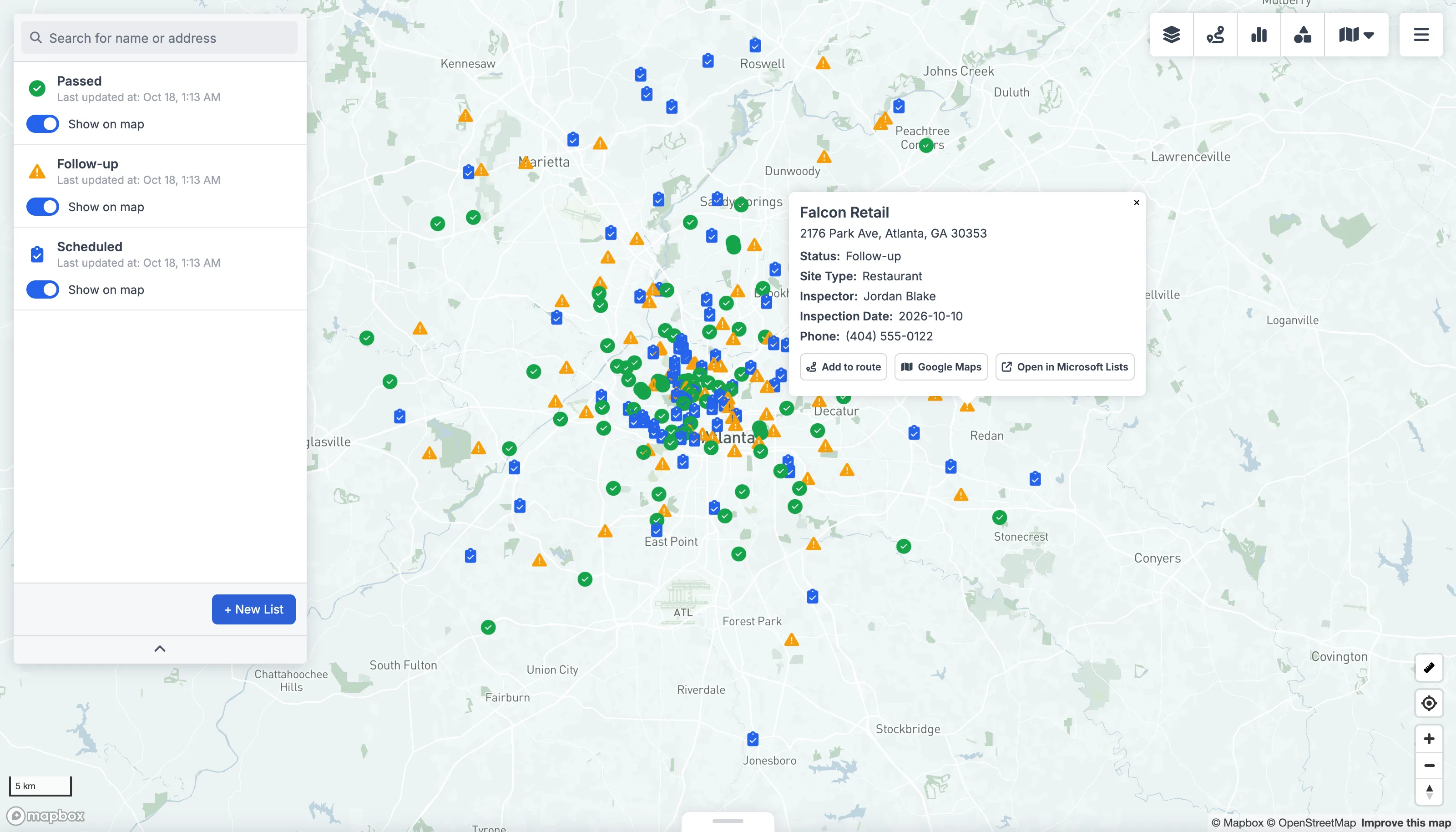 Microsoft Lists data plotted on a GeoMaps map