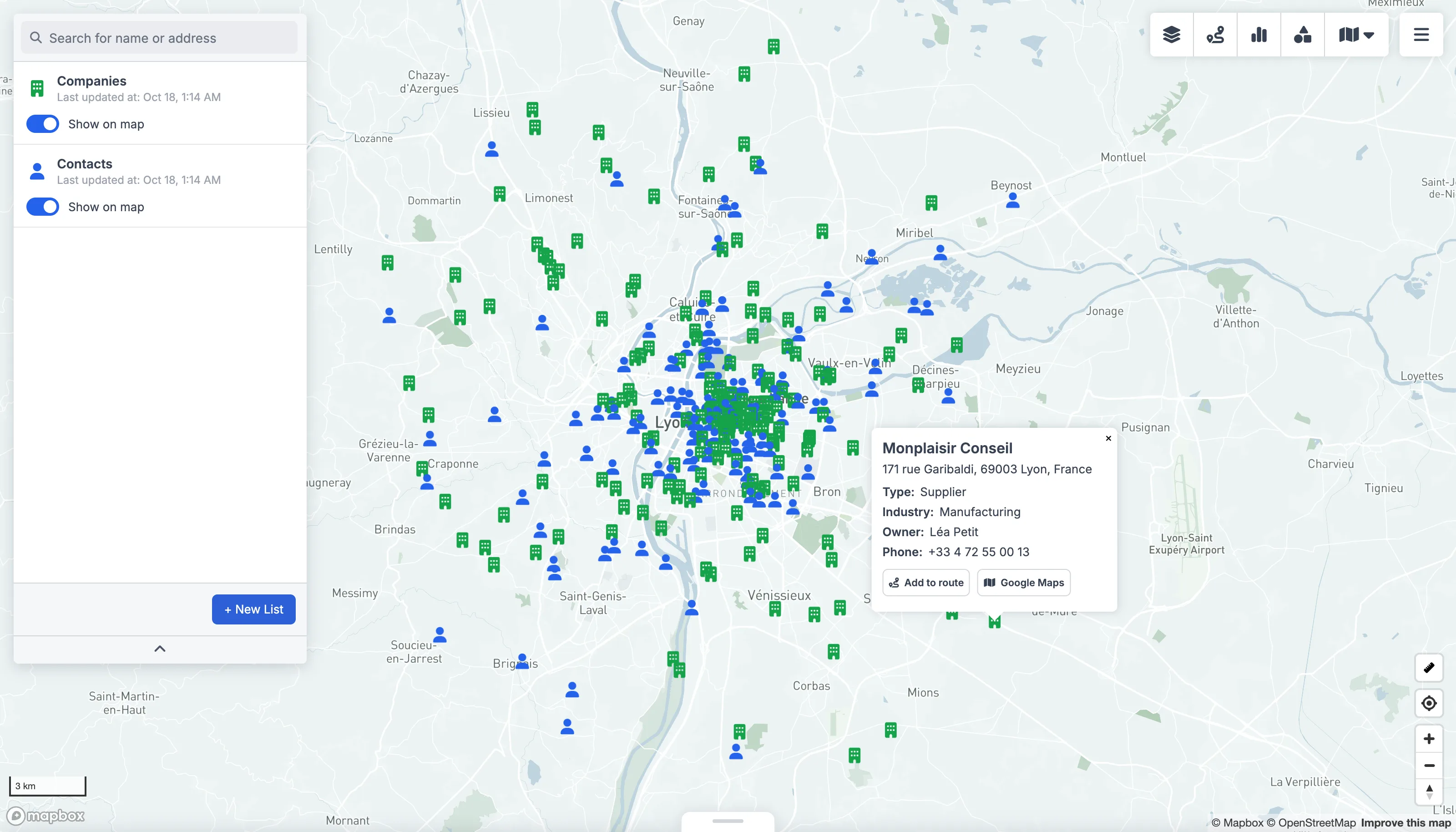 Sellsy data plotted on a GeoMaps map