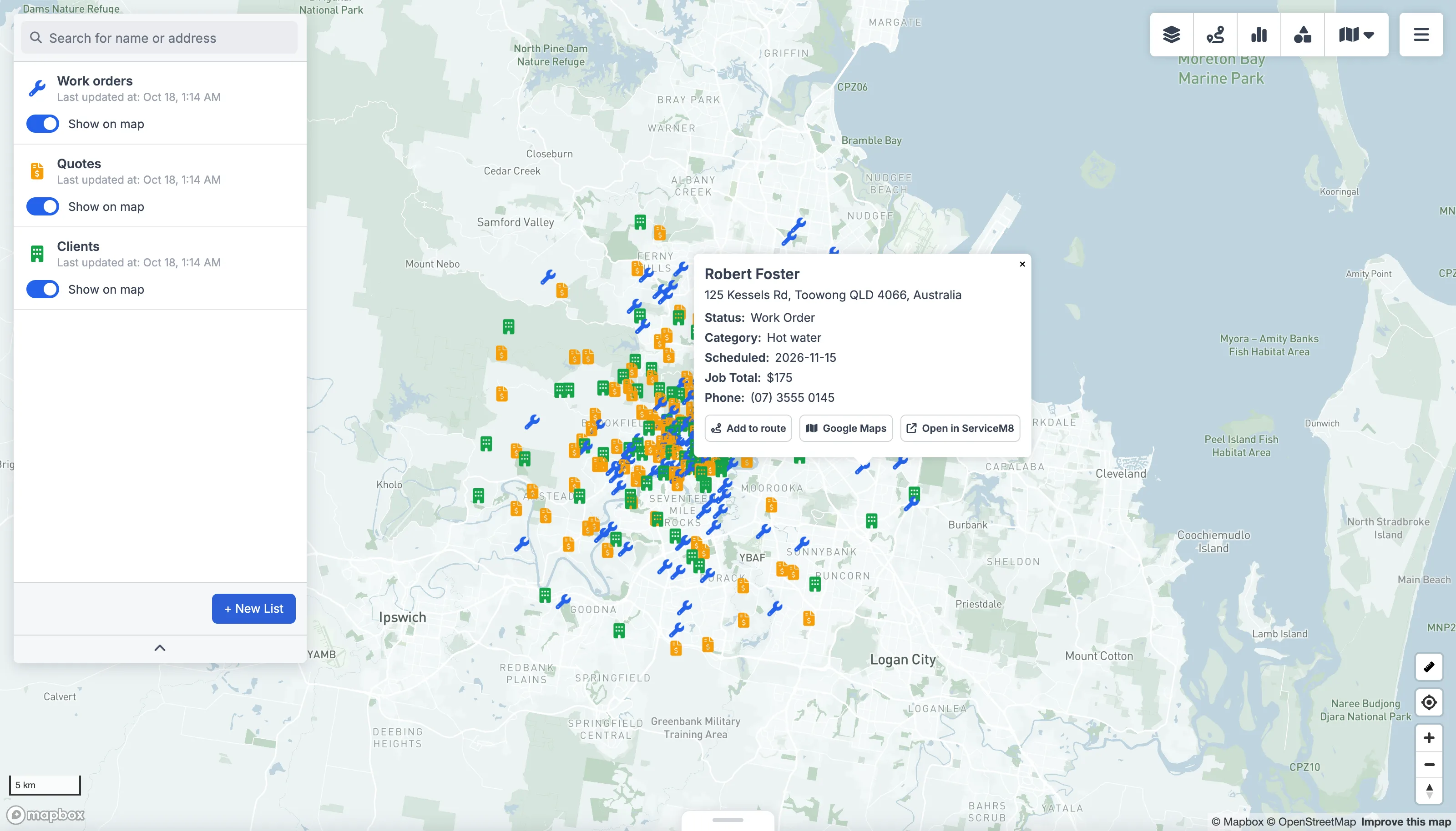 ServiceM8 data plotted on a GeoMaps map