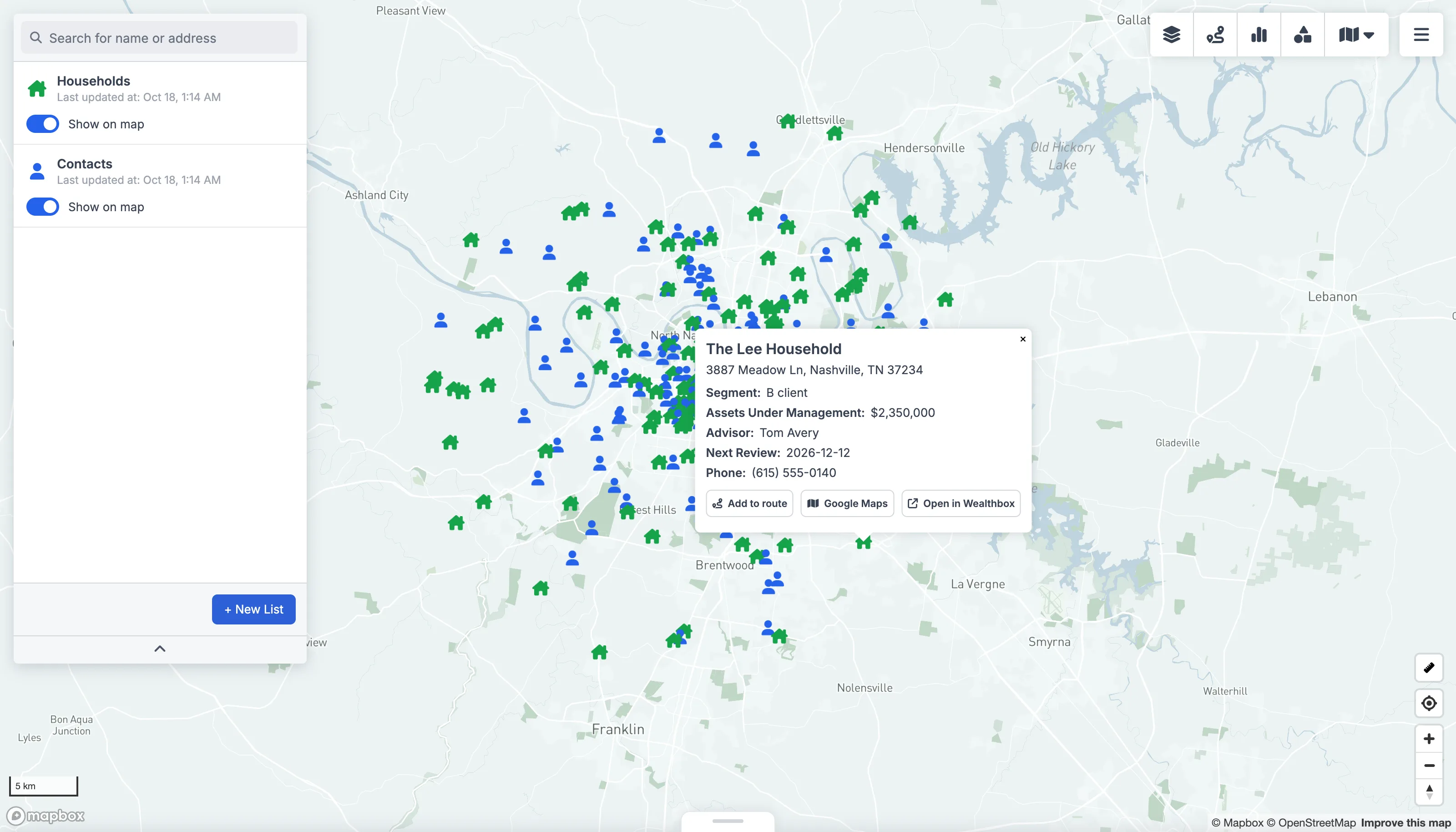 Wealthbox data plotted on a GeoMaps map