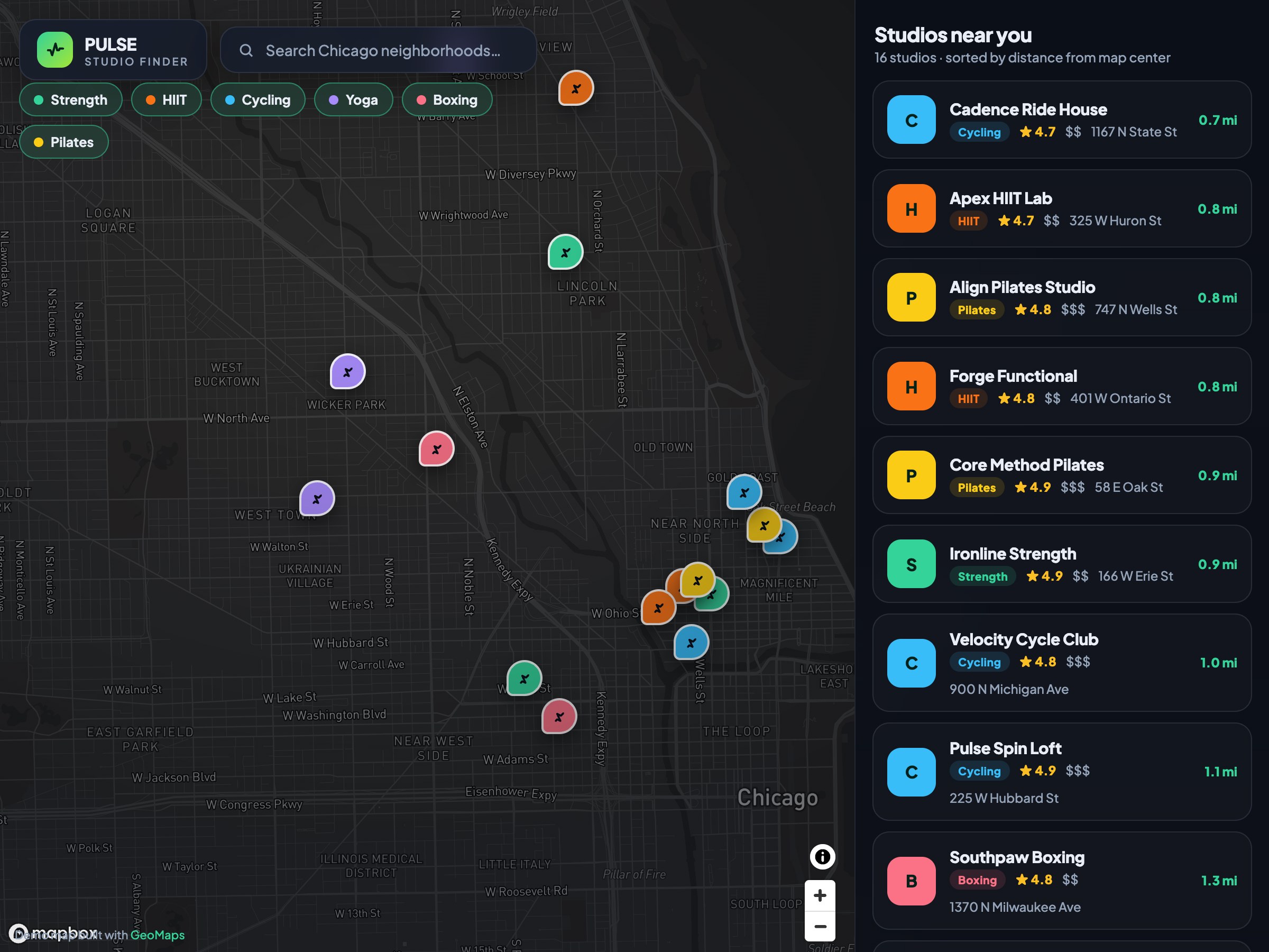 Fitness Studio Finder — a map built with GeoMaps